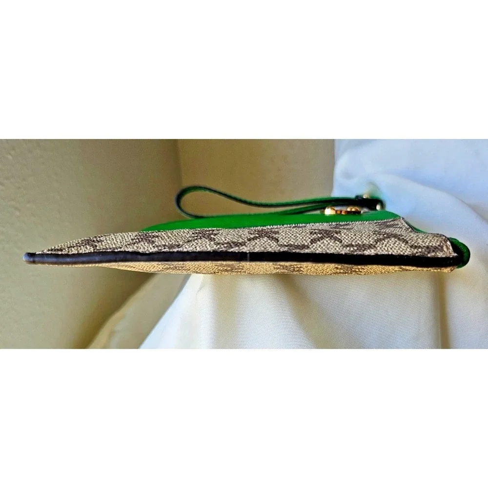Michael Kors Jet Set LARGE Wristlet/Clutch Green with Beige MK Monogram, 10x5.5